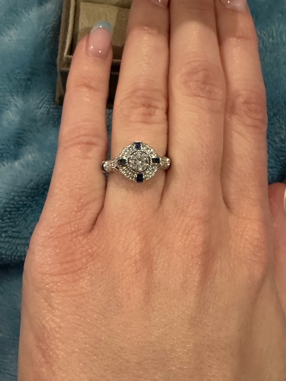 1920s Inspired 14K White Gold Diamond And Sapphire Engagment Ring